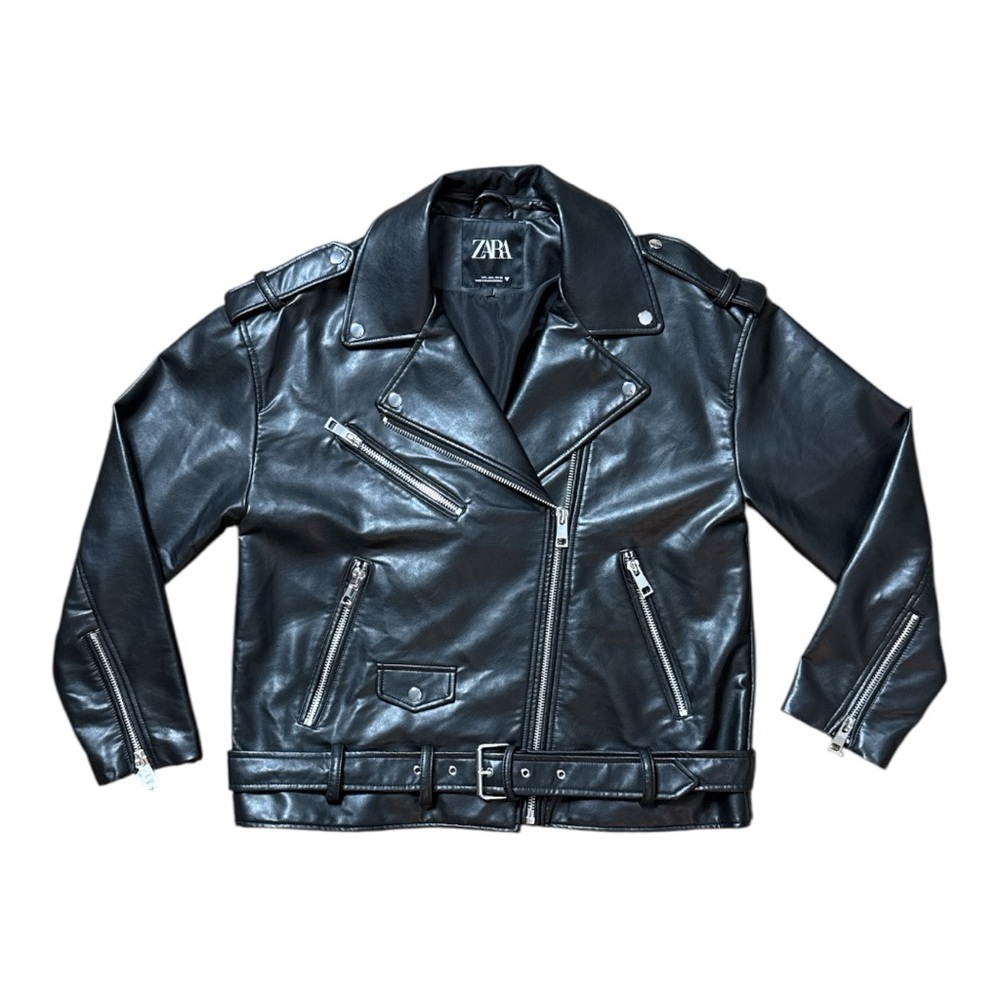 ZARA BLACK FAUX LEATHER MOTO BIKER JACKET BELTED ZIP COAT SIZE LARGE **NWOT** - Picture 4 of 13